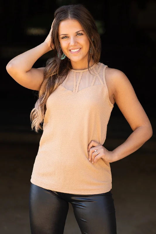 Savings Spectacular Tan Mesh Detail Tank