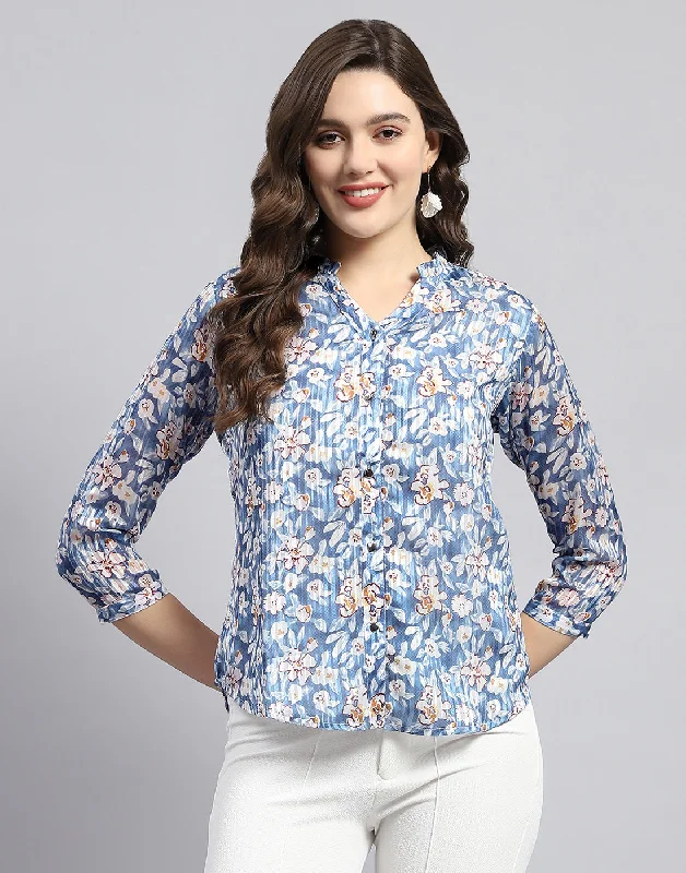 New Markdowns Women Blue Printed Mandarin Neck Half Sleeve Top