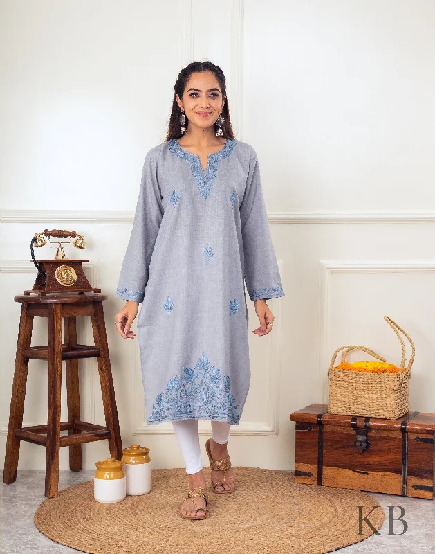 Weekend Deals You Can't Resist Subtle Stone Grey Aari Embroidered Cotton Kurti