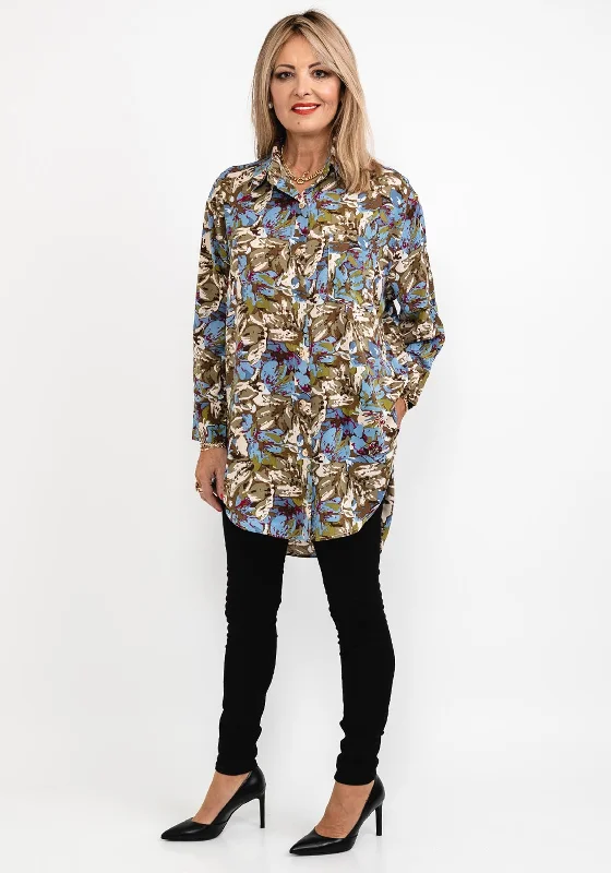 Cash Savings Seventy1 Printed Long Oversize Tunic Shirt, Khaki Multi