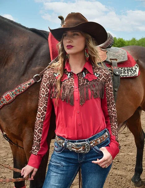 Today's Deal Cowgirl Tuff Womens Rose Patch Fringe Red Nylon L/S Shirt