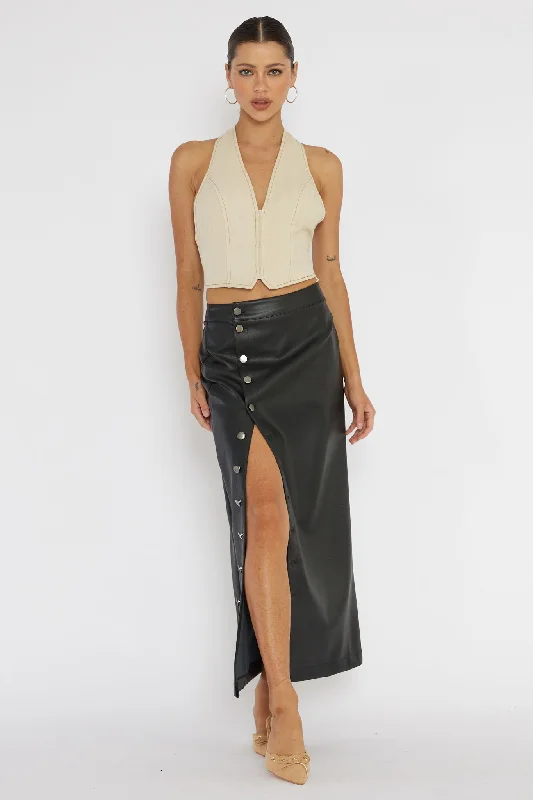 Today's Deal Angelica Button-Up Faux Leather Midi Skirt Black