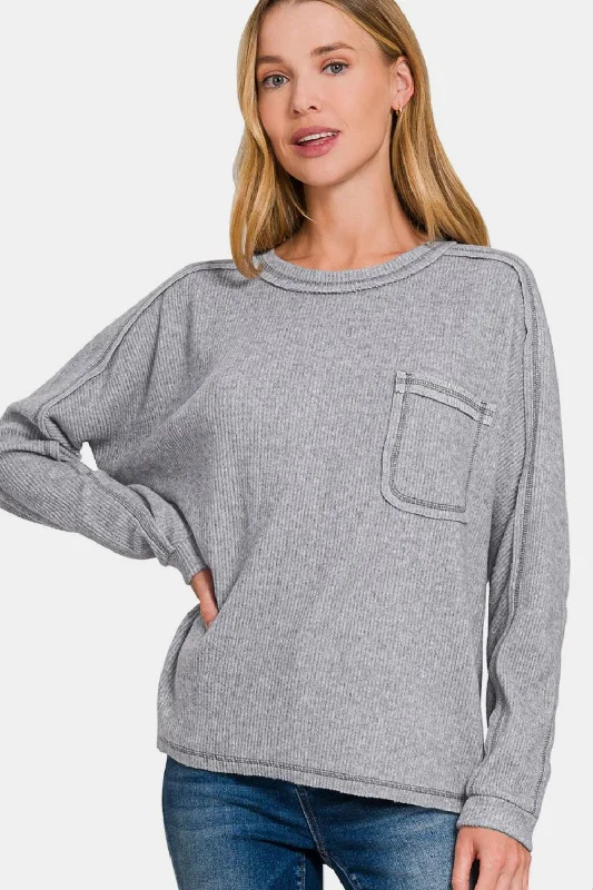 Savings Galore Zenana Full Size Contrast Stitching Brushed Ribbed Hacci Knit Top