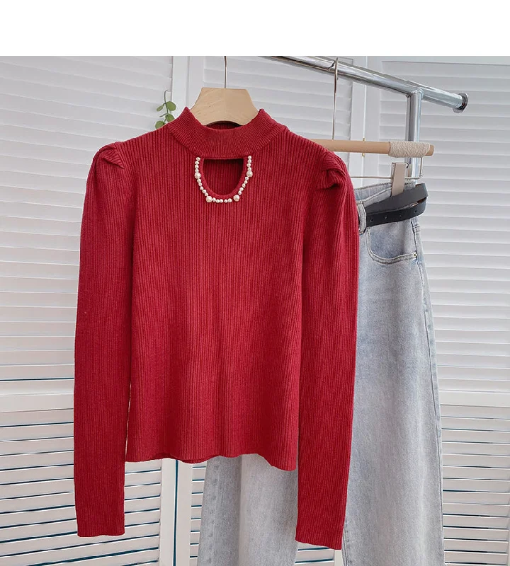 Price Cut Nail bead hollowed out crew neck Vintage sweater  6613