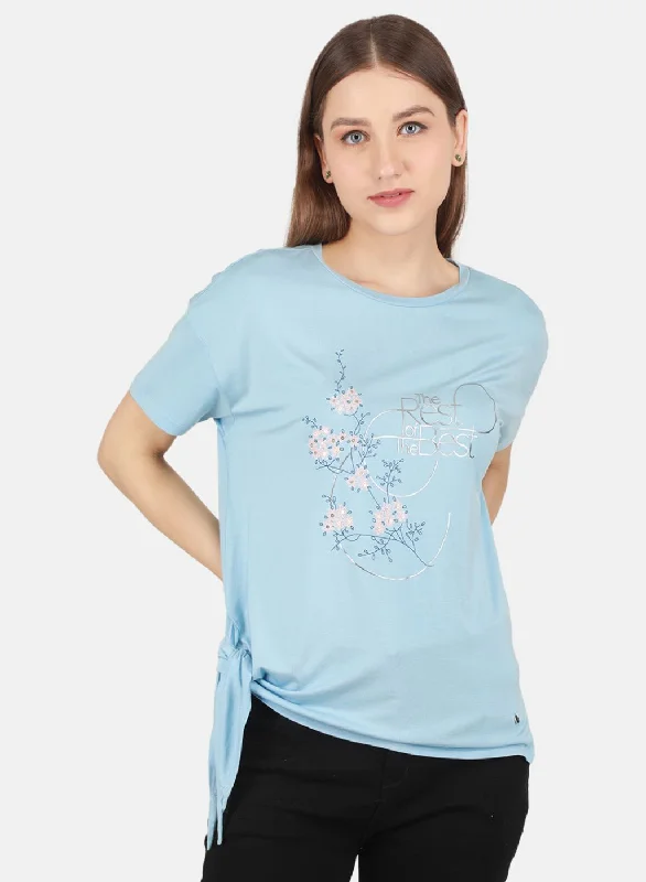 Weekend Discounts to Enjoy Women Sky Blue Printed Top
