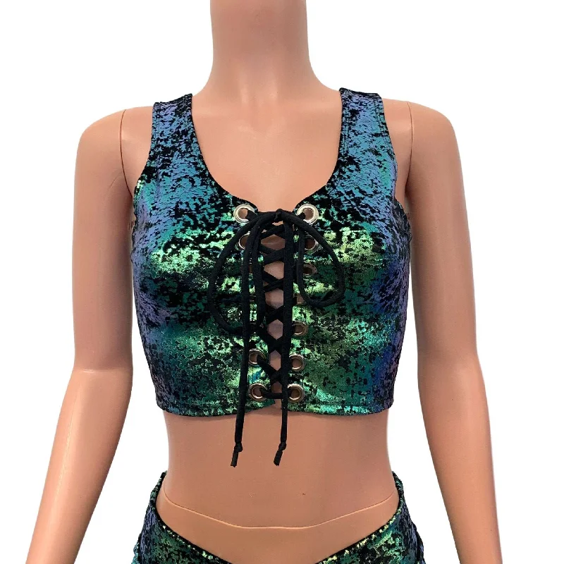 Weekend Offers That Dazzle Lace-Up Crop Top - Green on Black Gilded Velvet