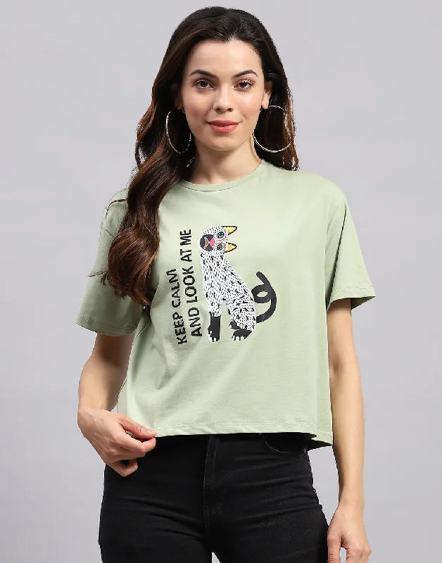 Weekend Discounts You Deserve Women Green Printed Round Neck Half Sleeve Top