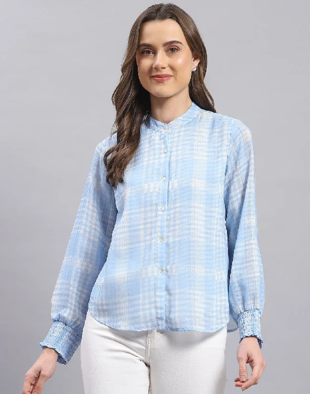Overstock Women Blue Check Mandarin Collar Full Sleeve Top
