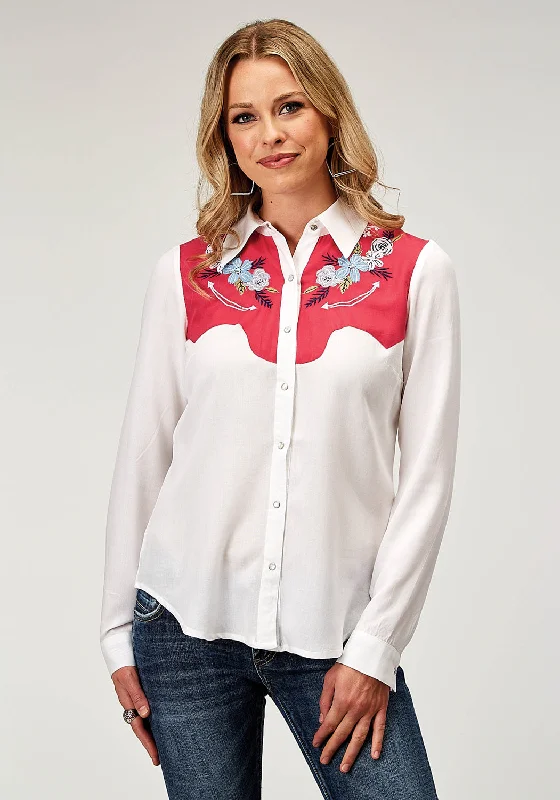 Reduced Price Roper Womens Retro Floral Yokes White 100% Rayon L/S Shirt