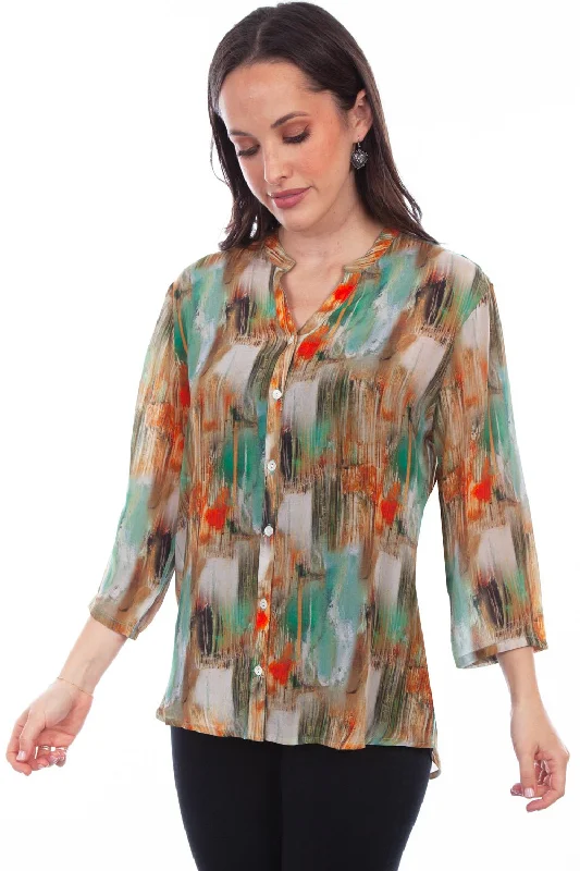Time-Limited Offer Scully Womens Turquoise Rayon Watercolor S/S Blouse