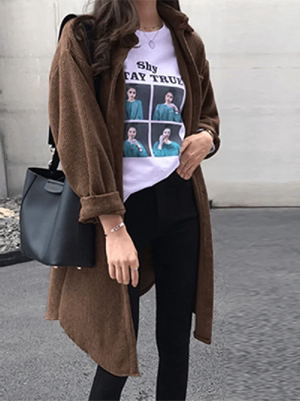 Today's Special Women Corduroy Retro Casual Pure Color Oversize Knee Length Cardigan Today's Special Women Corduroy Retro Casual Pure Color Oversize Knee Length Cardigan