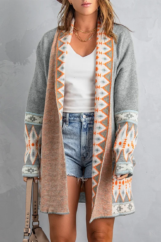 Buy Today Geometric Open Front Long Sleeve Cardigan