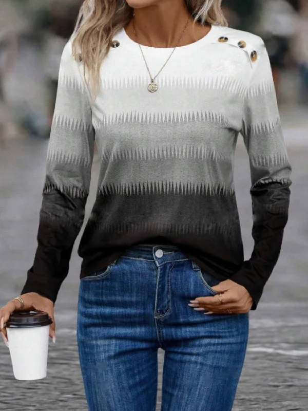 Quick Sale Decorative Button Contrast Round Neck Long Sleeve T-Shirt