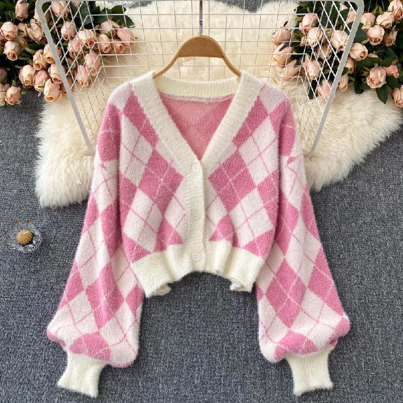 Super Bargain Cute diamond knit cardigan short sweater crop tops   S590
