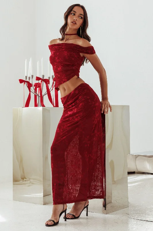 Weekend Bargains to Love After Party Floral Mesh Maxi Skirt Burgundy