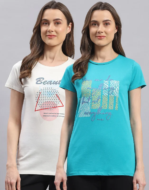 Deep Discounts Women Off White & Turquoise Blue Printed Round Neck Half Sleeve Top 2 Pc Set