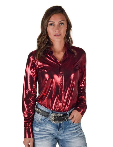 Weekend Offers That Amaze Cowgirl Tuff Womens Shiny Metallic Red Polyester L/S Shirt
