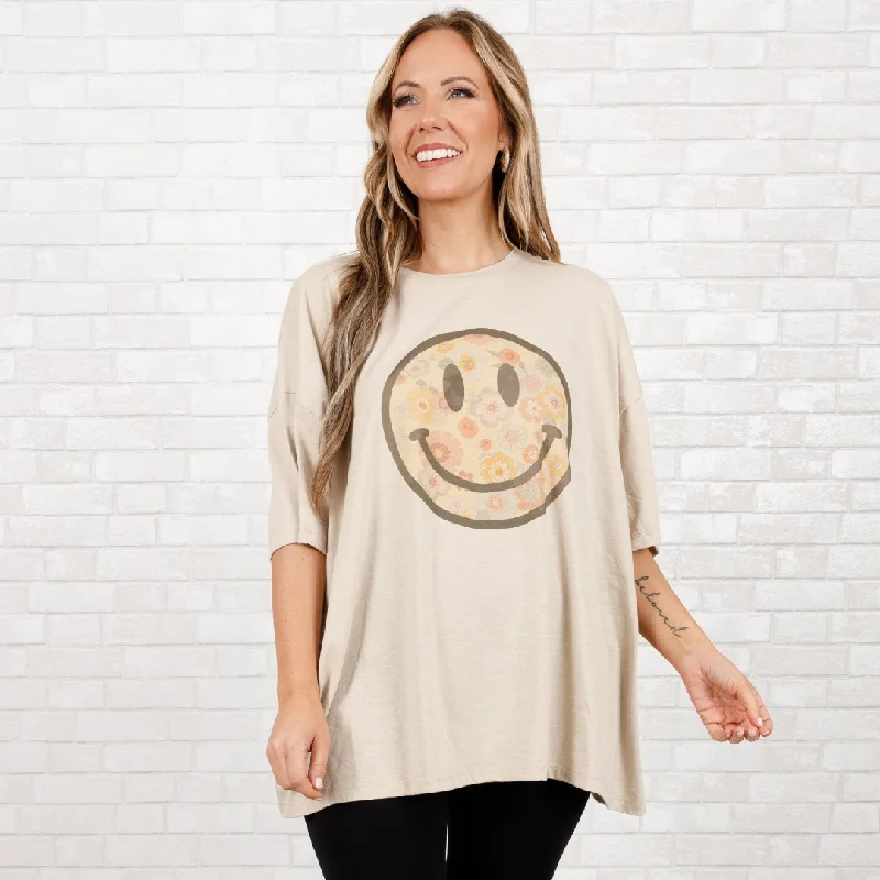 Unbeatable Prices Flowers Make Me Smile Boyfriend Tee, Heather Beige