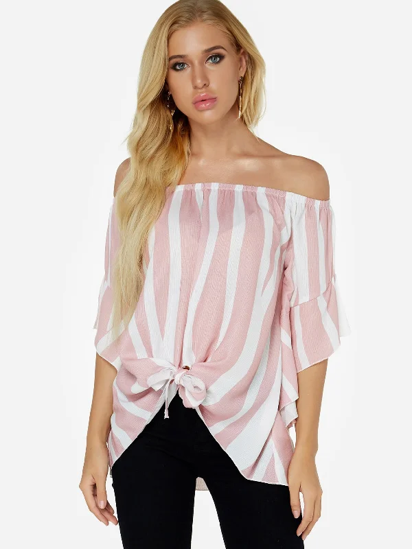 Exclusive Offers Custom Off The Shoulder Stripe Lace-Up Half Sleeve Pink Top