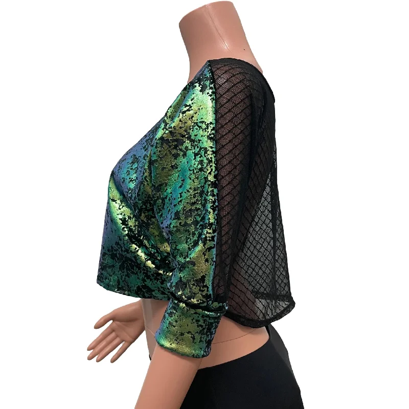 Weekend Specials Just for You Dolman Crop Top Loose Tee in Green Gilded Velvet and Vixen Mesh