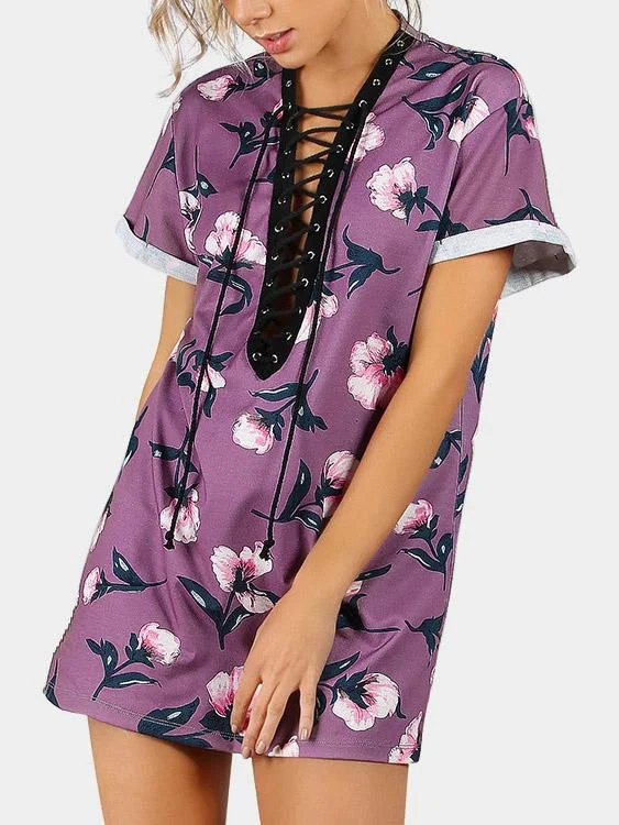 While Supplies Last Custom Deep V Neck Floral Print Lace-Up Short Sleeve Purple T-Shirts