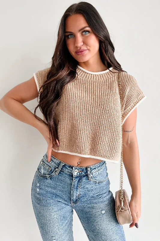 Quick Deals Savoring The Present Contrast Trim Crop Sweater (Tan)