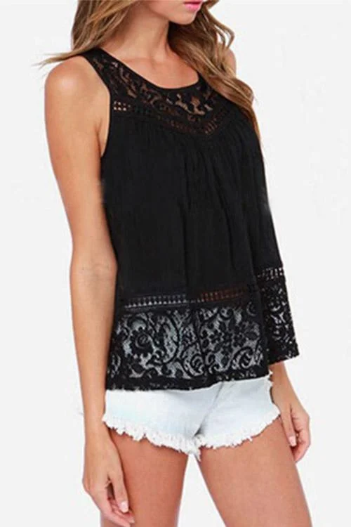 Best Bargains Custom Crew Neck Lace Backless Slit Sleeveless Black Camis