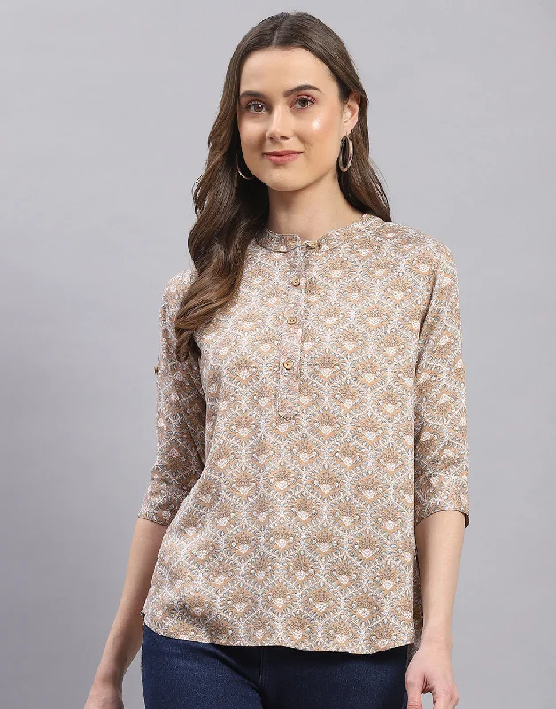 Overstock Sale Women Brown Printed Mandarin Collar 3/4 Sleeve Top