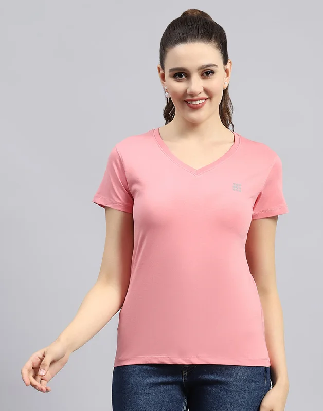 Discount Mania Women Pink Solid V Neck Half Sleeve Top