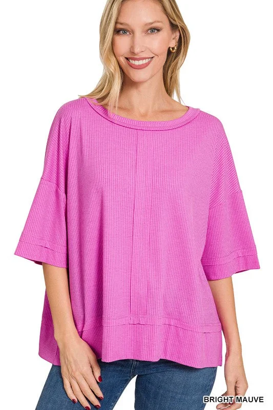 Mega Sale RIBBED BOAT NECK DOLMAN SLEEVE TOP W FRONT SEAM