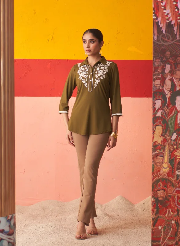 Weekend Deal Dark Green Stretchable Kurti for Women with Threadwork and Lace Work