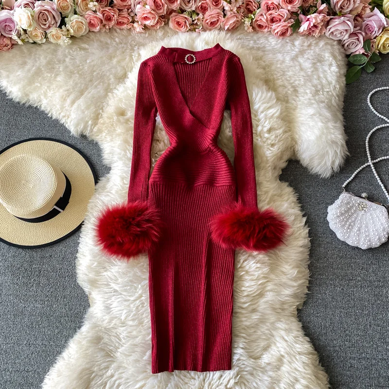 Markdown Madness Sexy V-neck halterneck sweater dress     S260