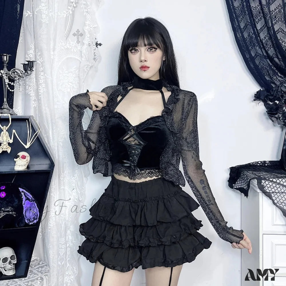Incredible Offers Dark Fairycore Glitter Elegant Thin Gothic See-through Ruched Crop Alternative Cardigan