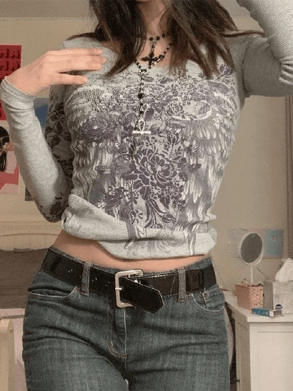 Year-End Clearance Floral Rhinestone Long Sleeve Crop Top