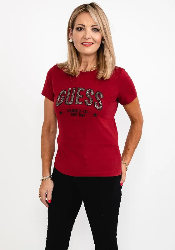 Price Break Guess Womens Embellished Logo T-Shirt, Red