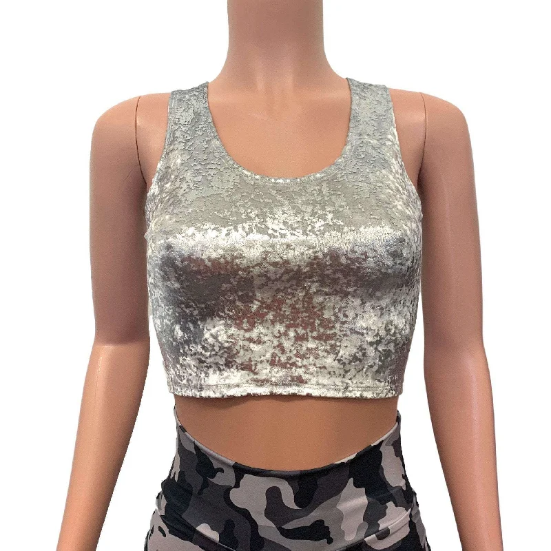 Weekend Offers That Thrill Crop Tank Top - Silver on White Gilded Velvet