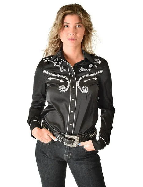 Value Deals Cowgirl Tuff Womens White Satin Western Black Nylon L/S Shirt