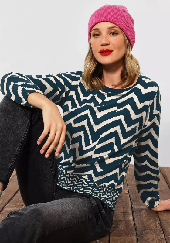 New Deals Street One Abstract Zig Zag Top, Teal & Beige
