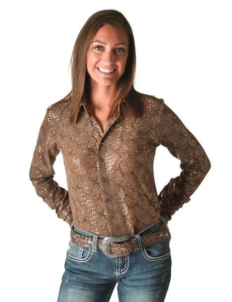 Weekend Specials to Savor Cowgirl Tuff Womens Metallic Snakeskin Tan Polyester L/S Shirt