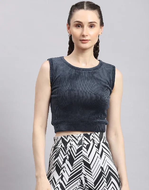 Amazing Value Women Navy Blue Solid Round Neck Sleeveless Top