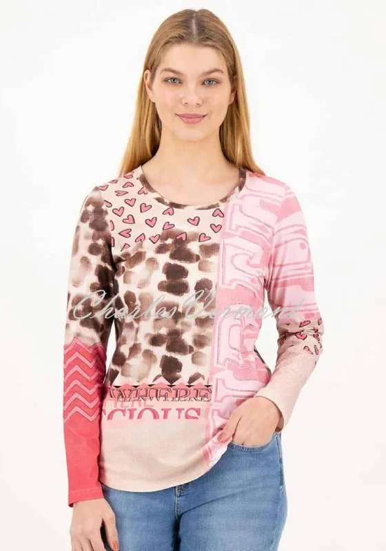 Savings Galore Just White Printed Long Sleeve T Shirt, Pink and Brown Multi