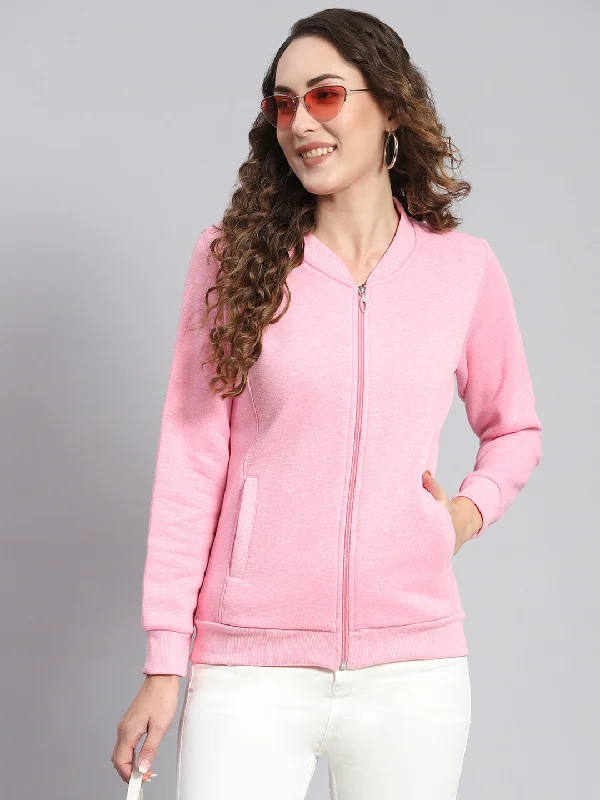 Price Break Women Pink Solid Mandarin Collar Full Sleeve Sweatshirts