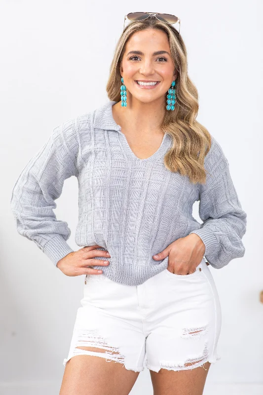 Online Specials Gray Pattern Knitted Collared Sweater