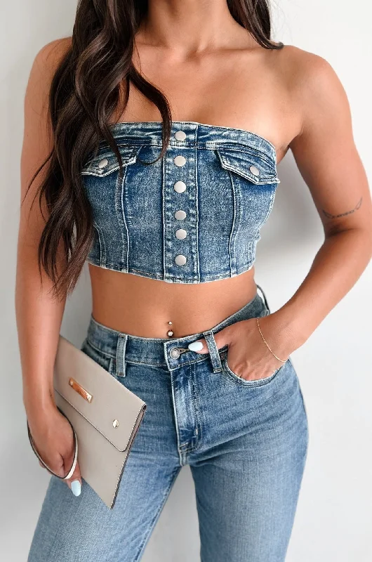 Act Fast I'd Stare Too Strapless Denim Top (Medium Denim)