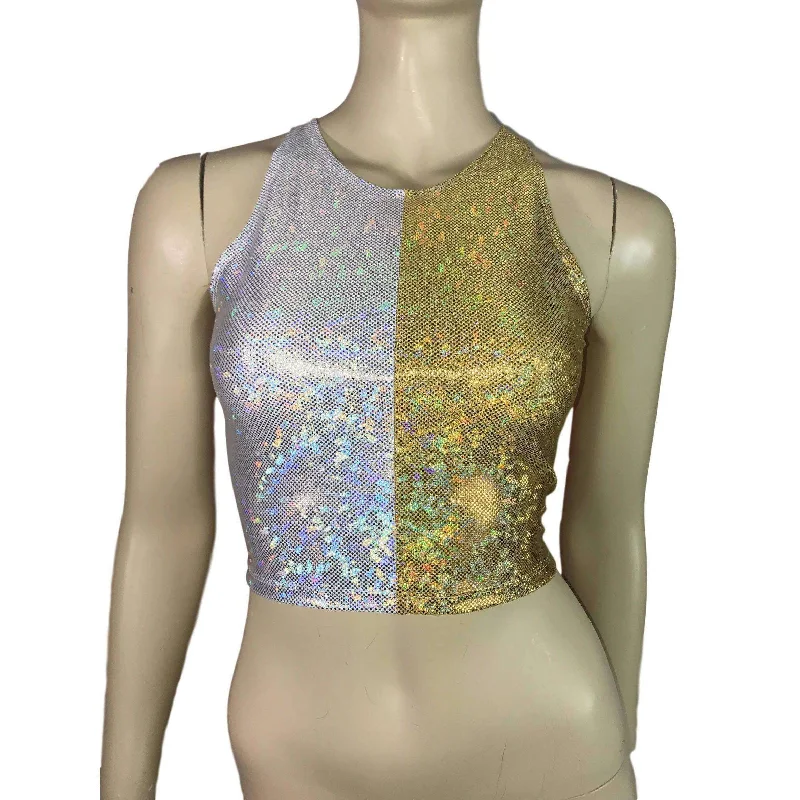 Big Discounts Silver/Gold Holographic Shattered Glass Crop Top - bodycon Clubwear, Rave Wear, Activewear, Running, Yoga, crossfit