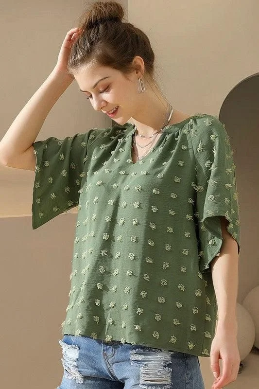 Weekend Discounts to Relish V NECK DOT DETAILED SHORT SLEEVE TOP