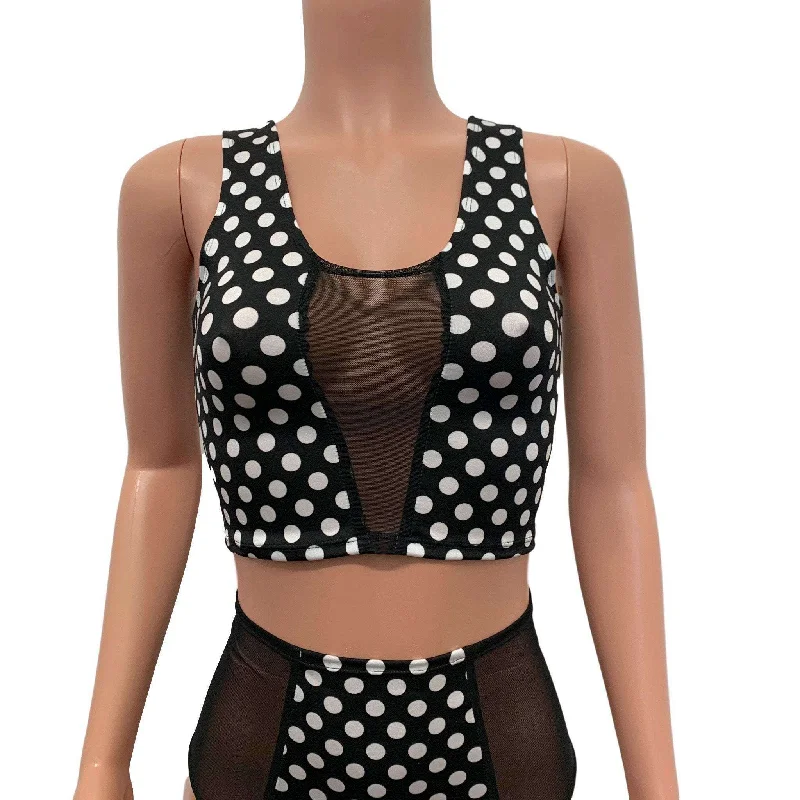 Weekend Deals That Amaze Black & White Polka Dot Mesh Inset Crop Top Tank