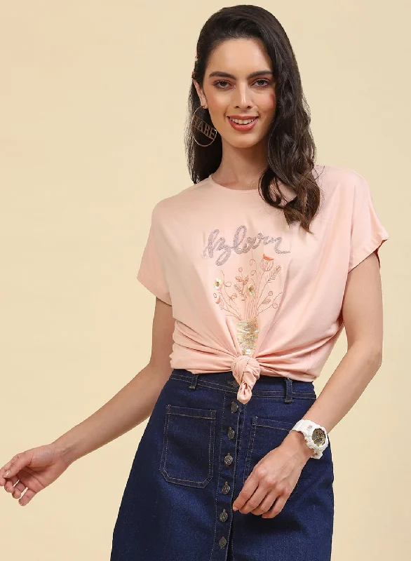 Act Now Women Peach Embroidered Top
