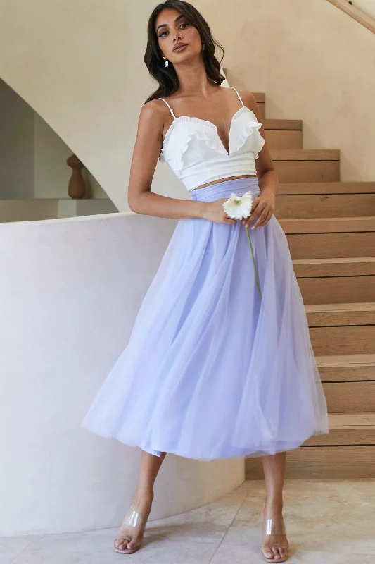Weekend Discounts to Celebrate Jasmine Organza Mesh Elasticated Waist Midi Skirt Lavender