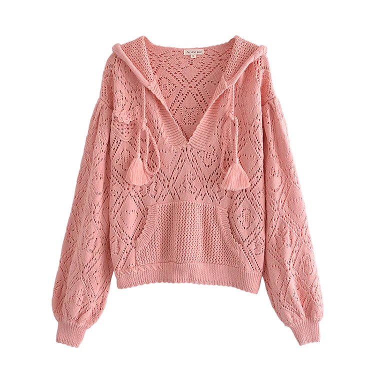 Weekend Discounts to Snag Hollow out design short Pink Knitted Hooded Sweater       S2519